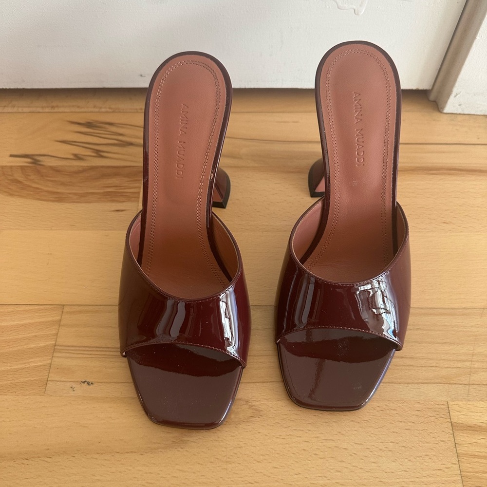 Amina Muaddi Lupita Patent Pedestal Mule Sandals